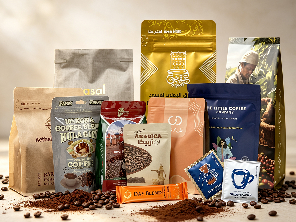 Coffee and tea application scene with valve and zipper pouches