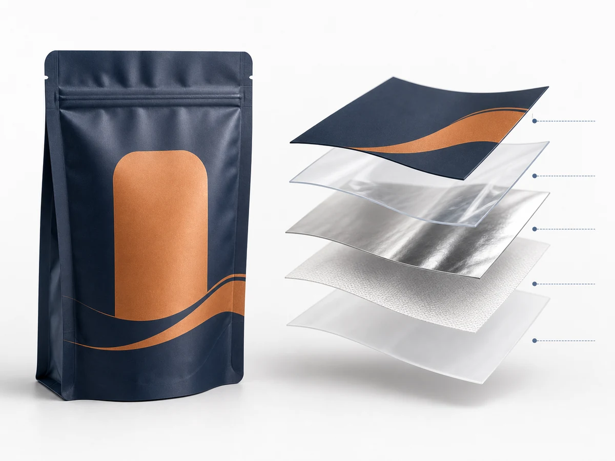 Composite flexible packaging material structure with printed pouch and exploded film layers