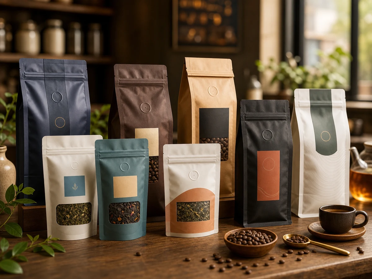 Coffee and tea packaging with valve zipper kraft and foil options
