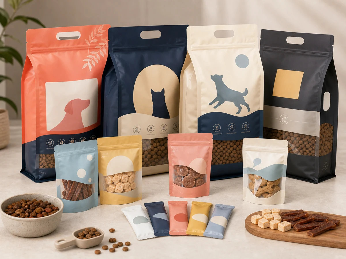 Pet food packaging pouches with handle zipper and window options