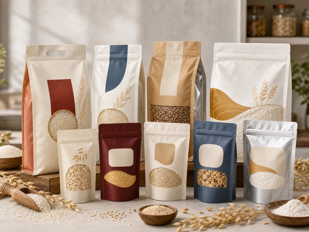 Rice and grain packaging bags with clear windows and reinforced sealing