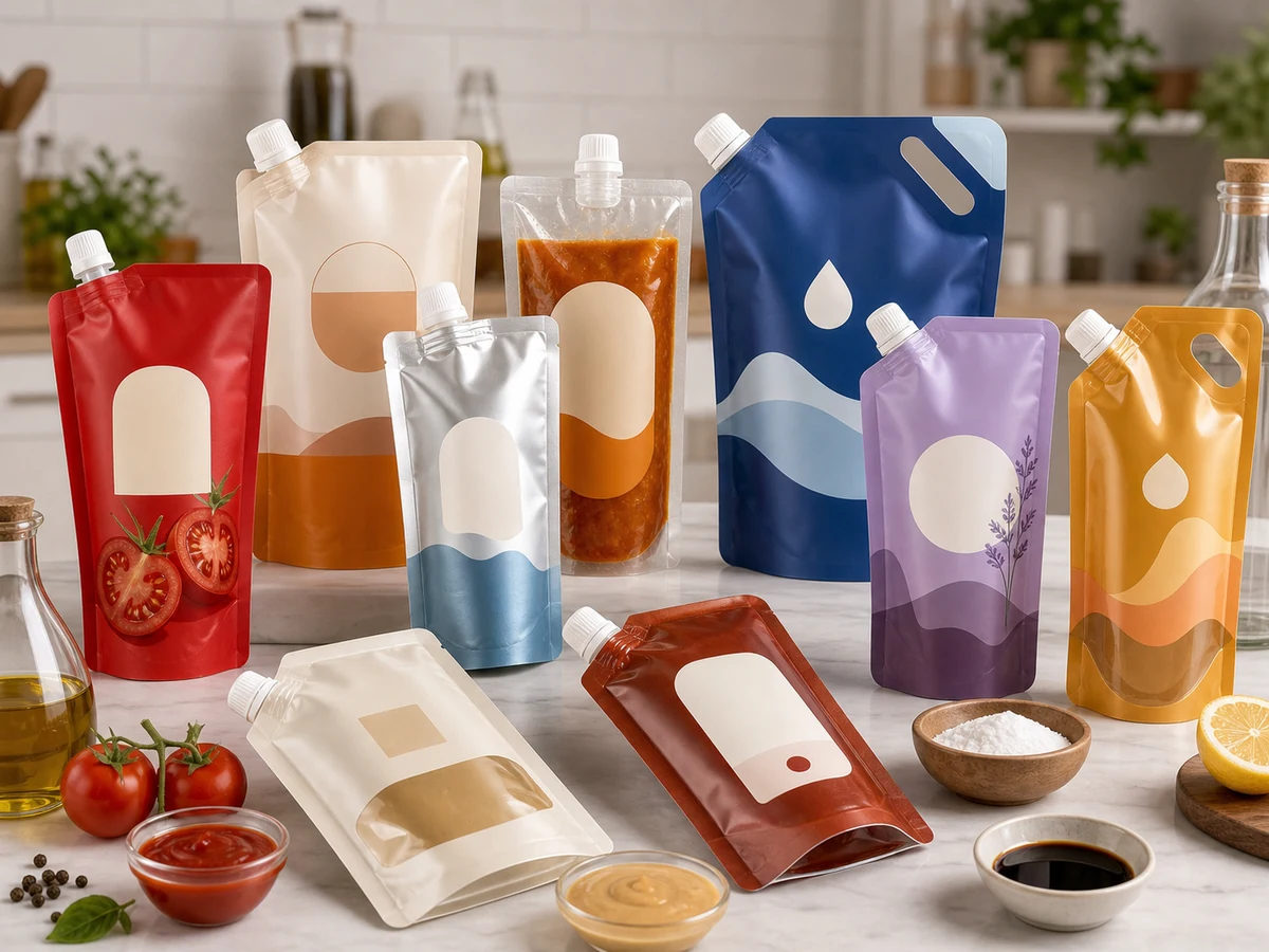 Sauce liquid spout pouch packaging with threaded caps
