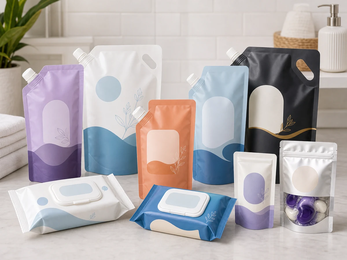 Daily use flexible packaging refill spout bags and wipe packs